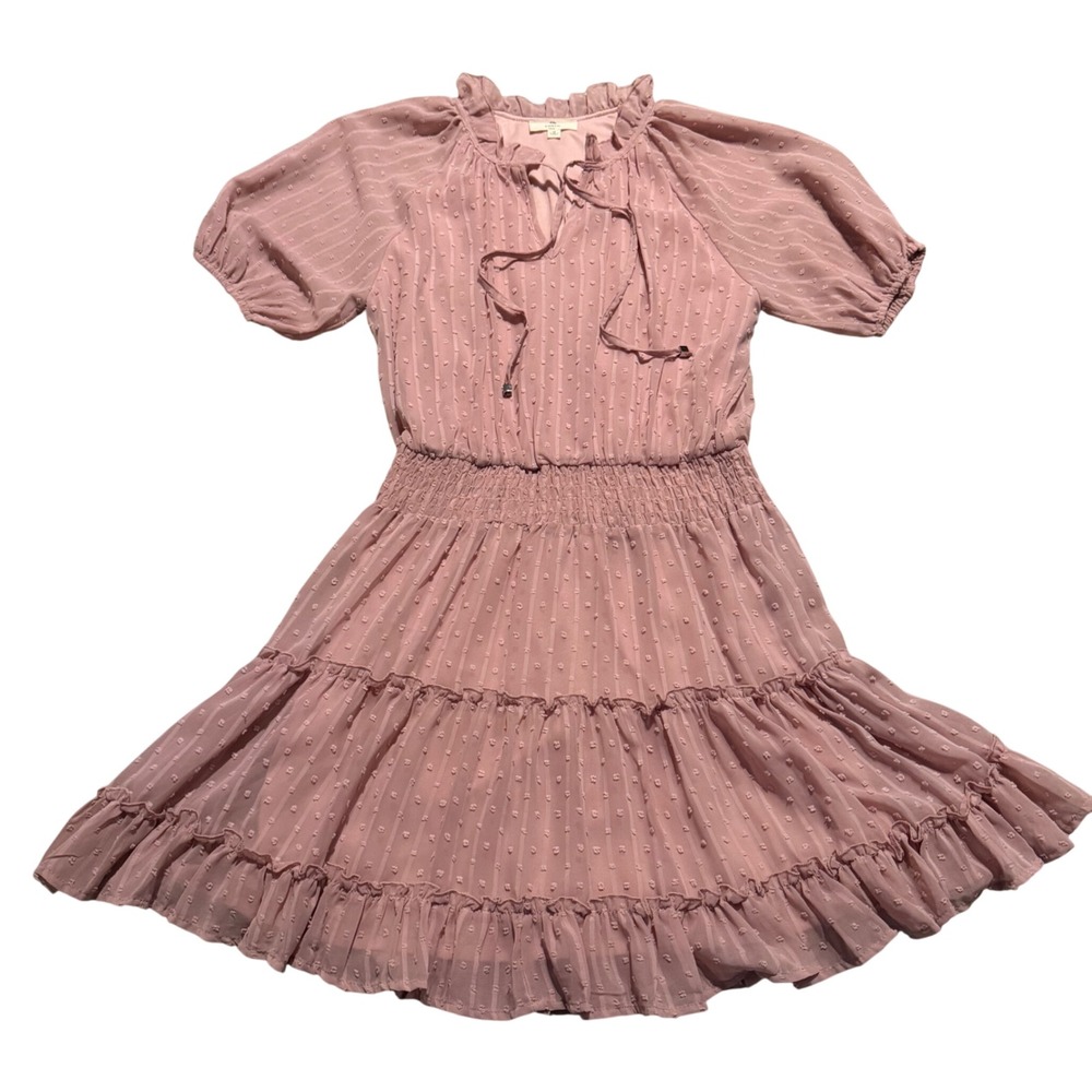 Entro Mauve Swiss Dot Smocked Waist Tiered Ruffle Mini Dress Medium Light Purple